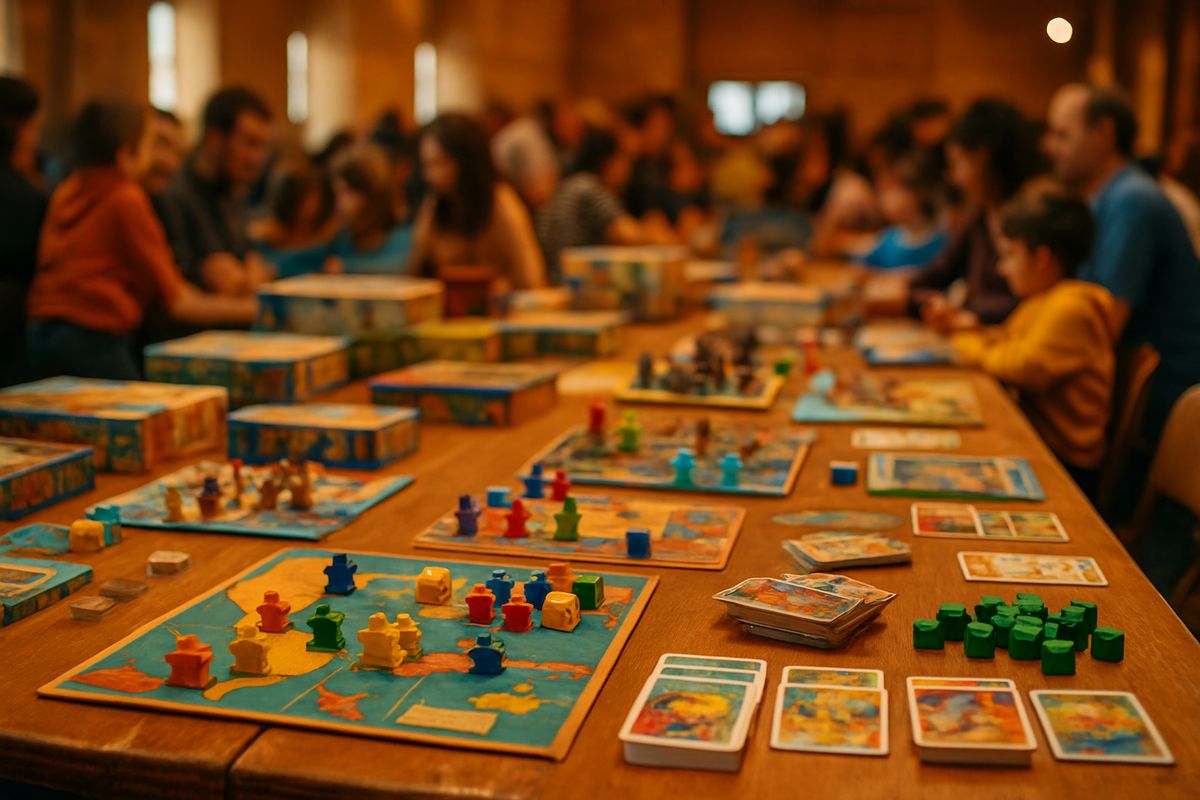 Mesa larga llena de juegos de mesa, dados y miniaturas de colores en una feria con ambiente familiar