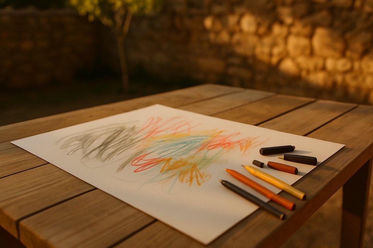 Una hoja de papel blanco sobre una mesa de madera, con trazos de carboncillo y lápices de colores y varias barras de pastel a su lado, al atardecer