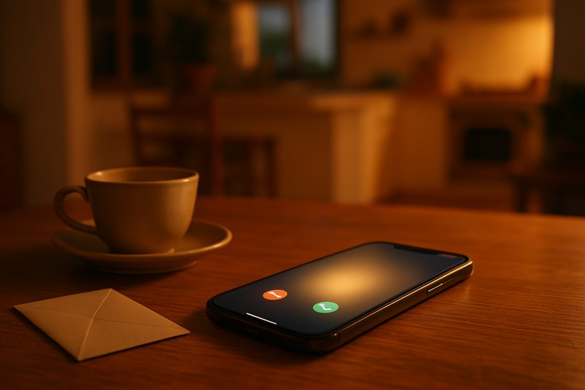 Un teléfono móvil sobre una mesa de madera con una llamada entrante en la pantalla, junto a una taza de café y un sobre cerrado, con luz cálida de atardecer