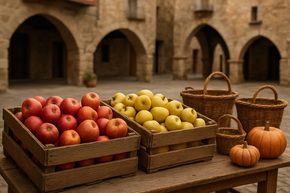 Cajas de madera con manzanas rojas y amarillas, cestas de mimbre y calabazas en un puesto de mercado otoñal, en una plaza de piedra con arcos