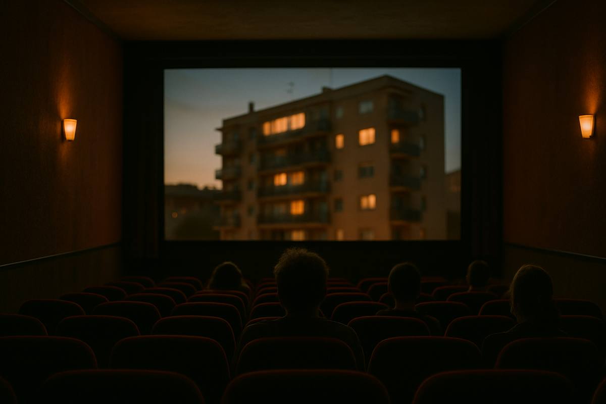 Sala de cine con butacas rojas y una pantalla que muestra un bloque de pisos al atardecer, con varios espectadores de espaldas