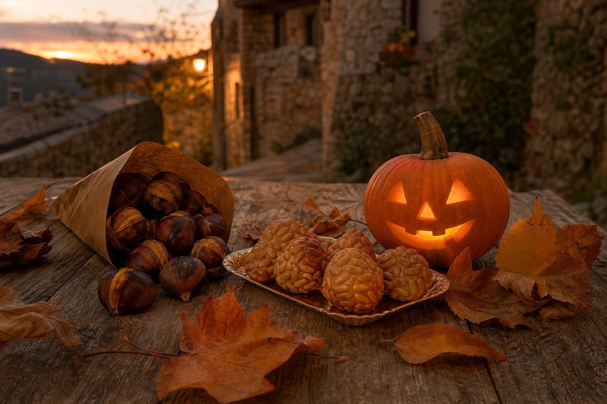 Castañas asadas, panellets y una calabaza de Halloween encendida sobre una mesa de madera, con un pueblo de piedra al atardecer
