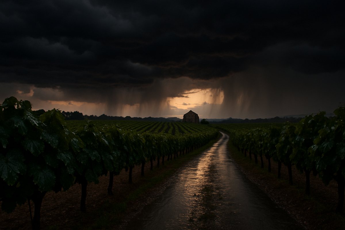 Un camino mojado entre viñas bajo un cielo de tormenta, con cortinas de lluvia en el horizonte y una masía al fondo