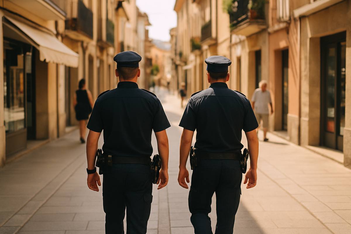 Dos agentes de policía local de uniforme, de espaldas, caminando por una calle peatonal soleada de una localidad catalana