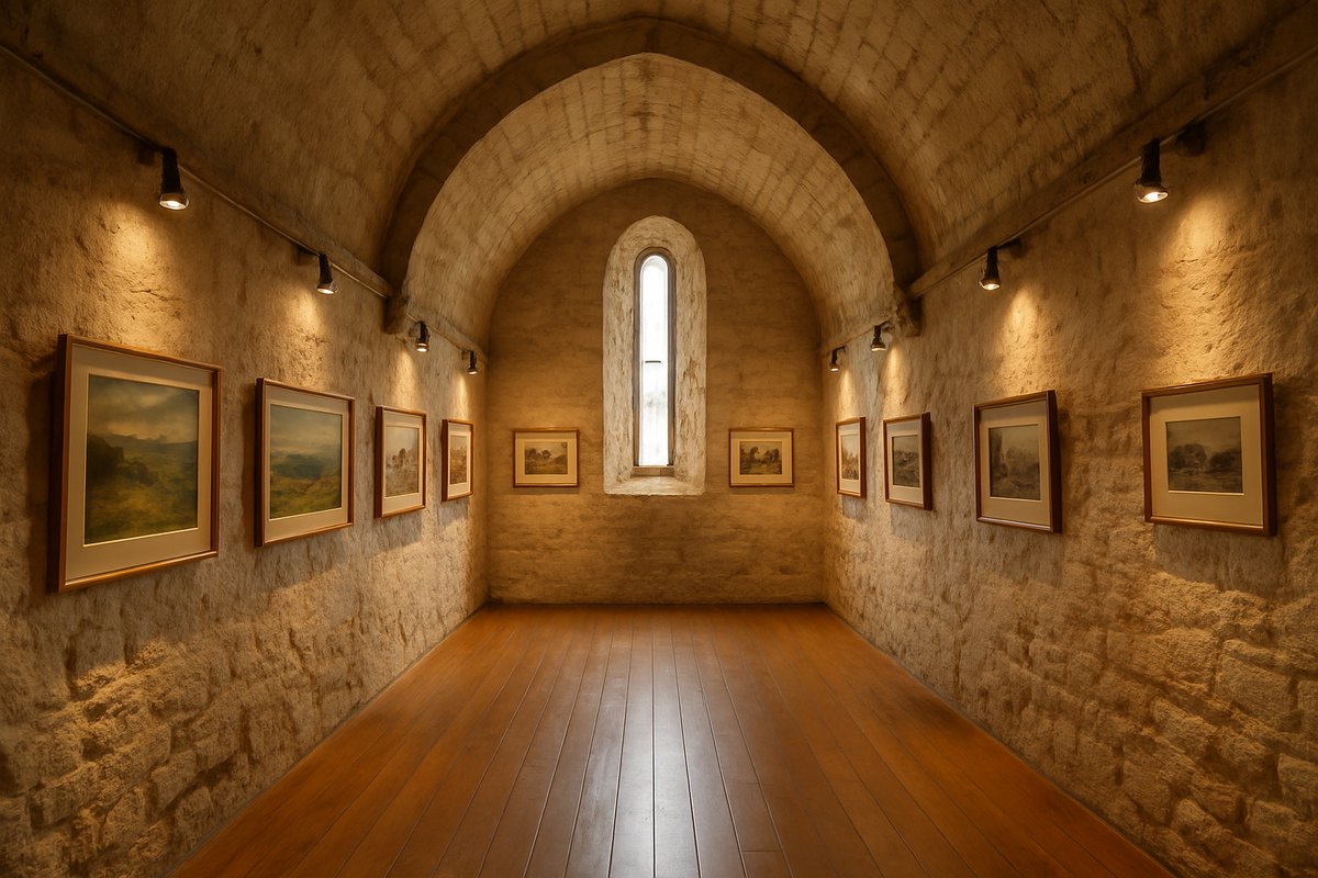 Sala de exposiciones en una antigua capilla de piedra con bóveda ojival, cuadros enmarcados de paisajes en las paredes, focos cálidos, suelo de madera y una ventana estrecha al fondo