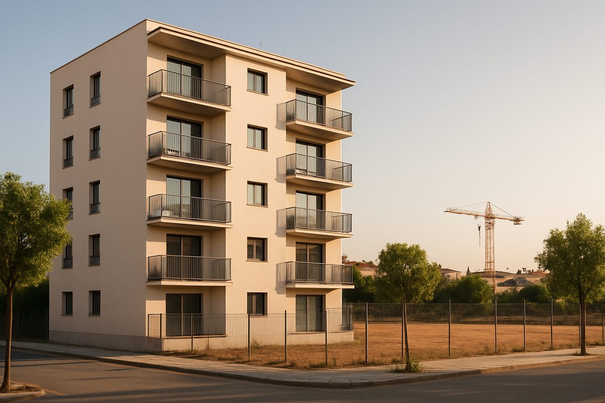 Bloque moderno de viviendas con balcones junto a un solar vallado con una pequeña grúa, a la luz cálida del atardecer en una localidad catalana