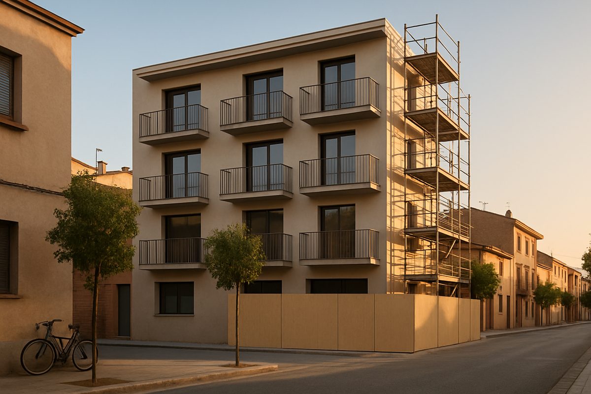 Edificio moderno de cuatro plantas con balcones y andamios ligeros en una calle tranquila de una localidad catalana, con bicicletas aparcadas junto a la pared a la luz dorada del atardecer