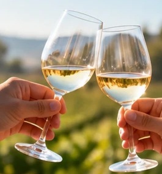 Dos personas brindando con copas de cava frente a un viñedo