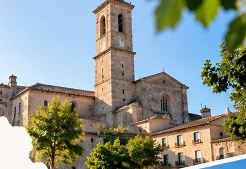Campanario de una iglesia del Penedès entre árboles